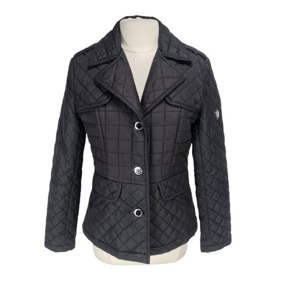 Calvin Klein Womens Button Up Puffy Jacket Size M Black Log Sleeve Light 105P - Picture 1 of 7